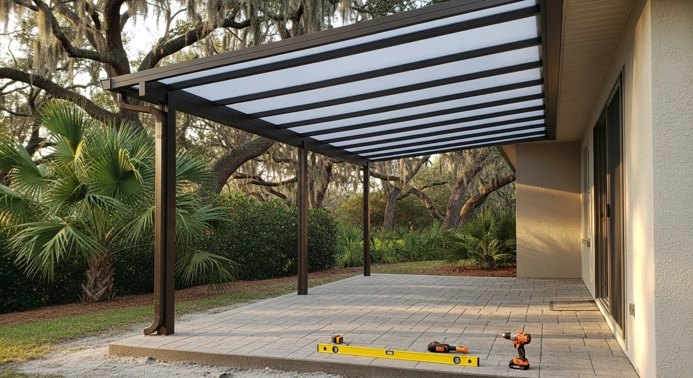 Custom patio cover and pergola installation on residential home in Tampa Bay