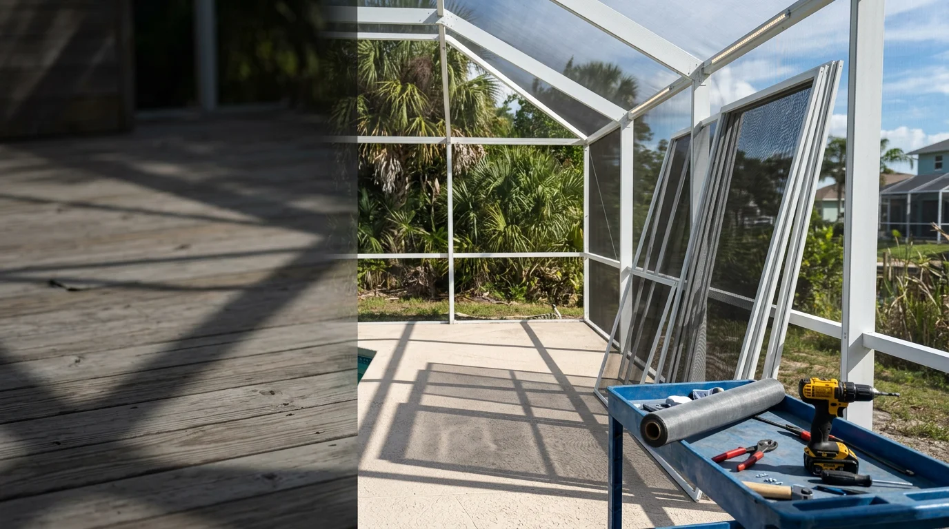 Screen repair and rescreening work on residential pool cage in Tampa Bay