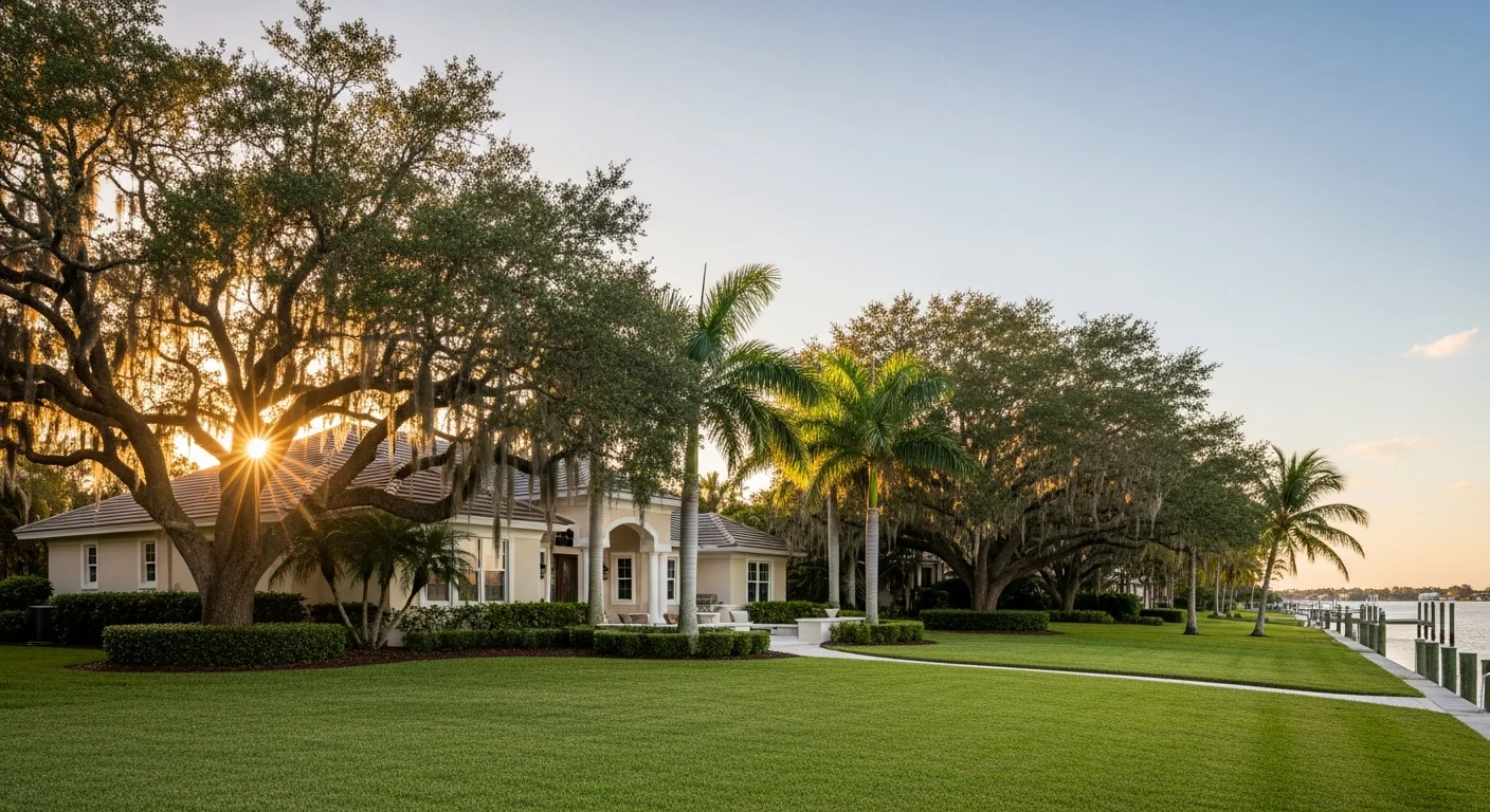 Waterfront home in Apollo Beach with mature landscaping and clear sky reflecting coastal living.