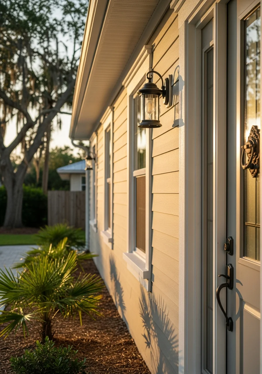Detail of quality workmanship on a Ruskin-area residential exterior with waterfront context.