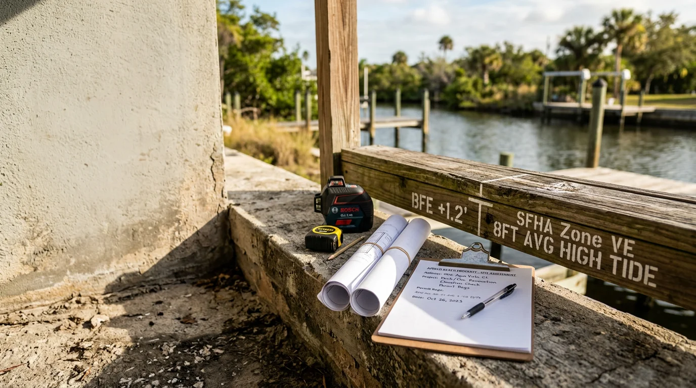 A contractor and homeowner reviewing construction plans on a clipboard outside a residential property in Apollo Beach, Florida. The consultation takes place on a canal-adjacent lot with a waterfront home visible in the background.