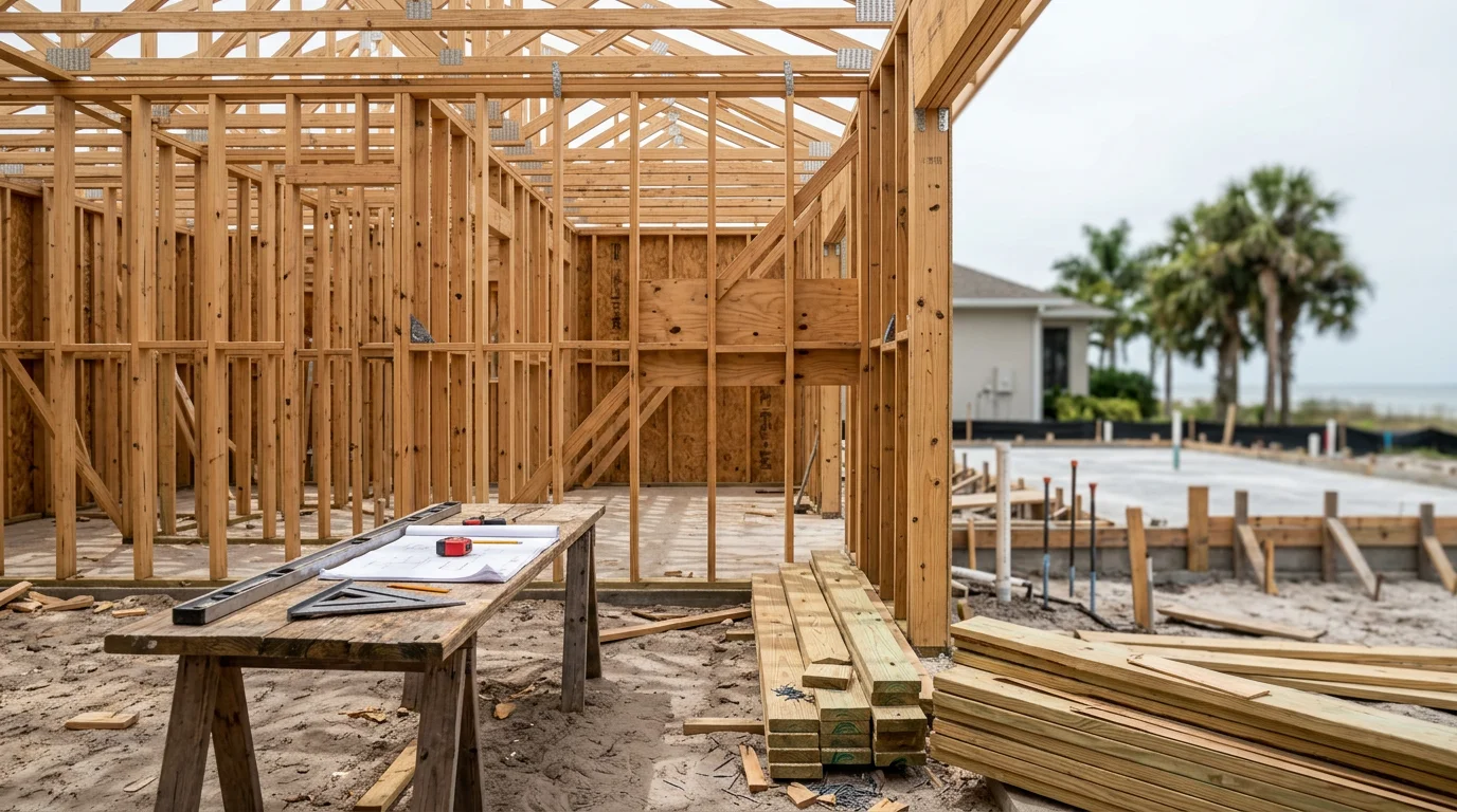 A completed residential construction project in Apollo Beach, Florida, showing clean framing and finished exterior work on a single-family home. The build reflects careful craftsmanship suited to the coastal Hillsborough County environment.