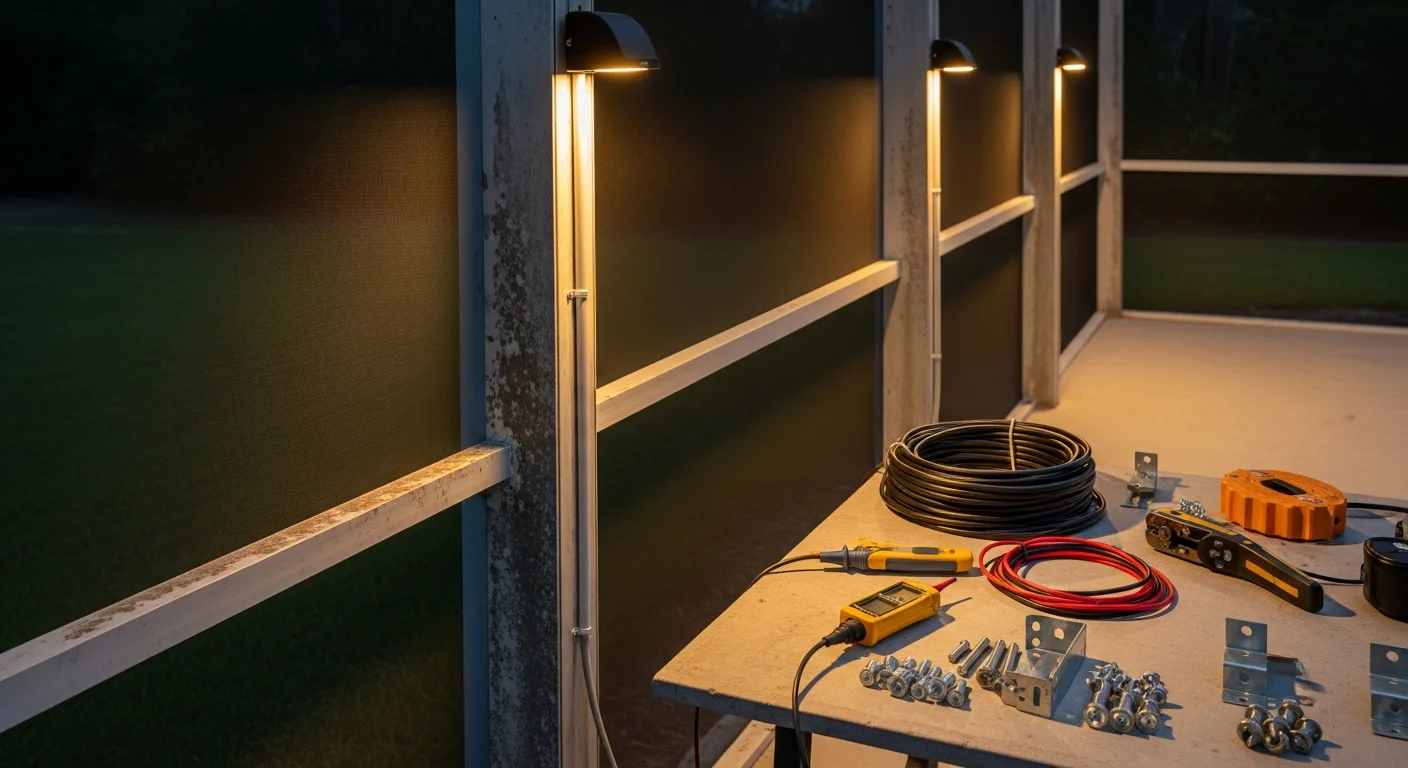 Professionally installed enclosure lighting fixtures mounted on aluminum screen enclosure posts in an Apollo Beach backyard, illuminating a pool and patio area at dusk. Wiring is routed cleanly through the frame with even light coverage across the enclosure floor.