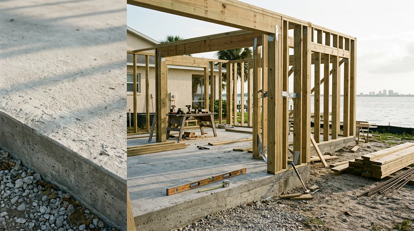 A finished home addition in Apollo Beach, Florida, showing clean framing and exterior work along a residential street near Tampa Bay. FrameOne Construction general contracting project on the South Shore.
