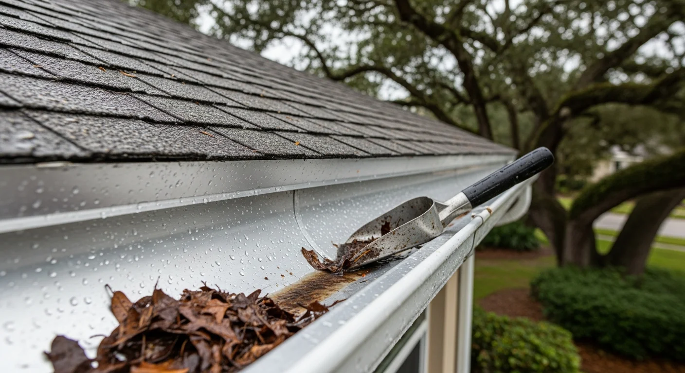 A FrameOne Construction crew member cleaning debris from a residential gutter on a single-family home in Apollo Beach, FL. The downspout runs clear as storm debris is removed from the gutter channel along the roofline.