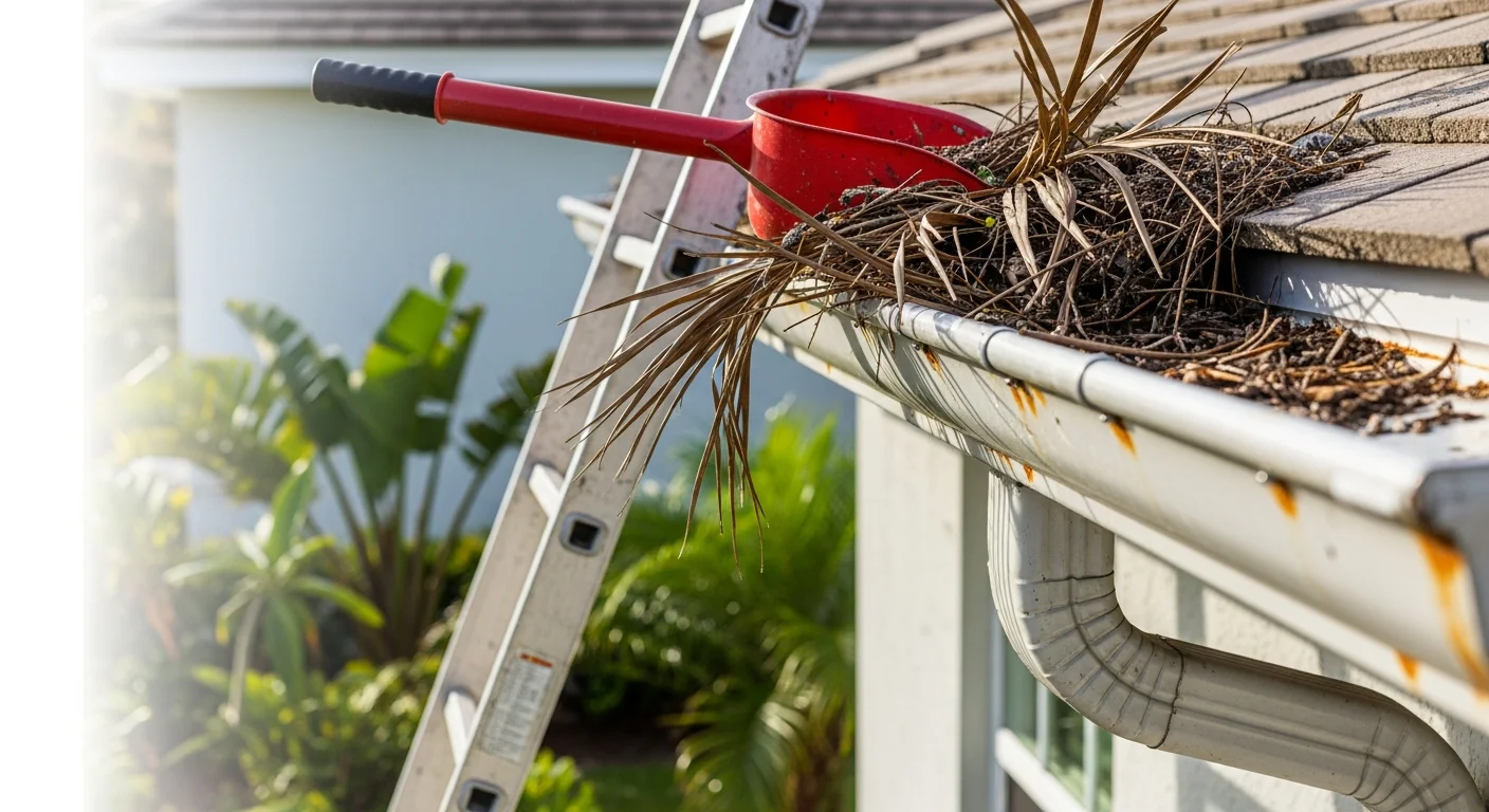 A FrameOne Construction technician clearing debris from a residential gutter on a single-family home in Apollo Beach, Florida. The downspout runs along a tan stucco exterior with a canal-front yard visible in the background.