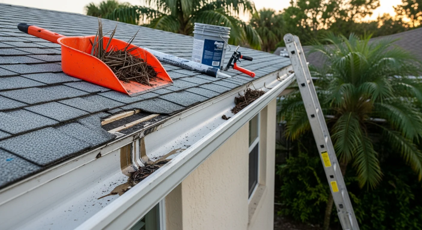 A repaired residential gutter system on a single-family home in Apollo Beach, Florida, with a reattached downspout directing water away from the foundation. Close-up view shows sealed joints and secured fascia hangers along the roofline.
