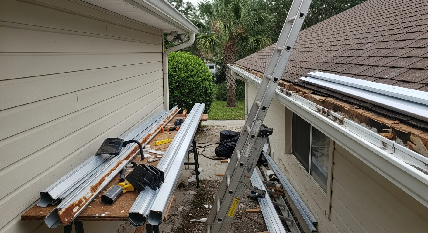 New gutters installed along the roofline of a single-family home in Apollo Beach, Florida, with clean downspouts directing water away from the foundation. The surrounding yard shows no signs of overflow or erosion near the home's perimeter.