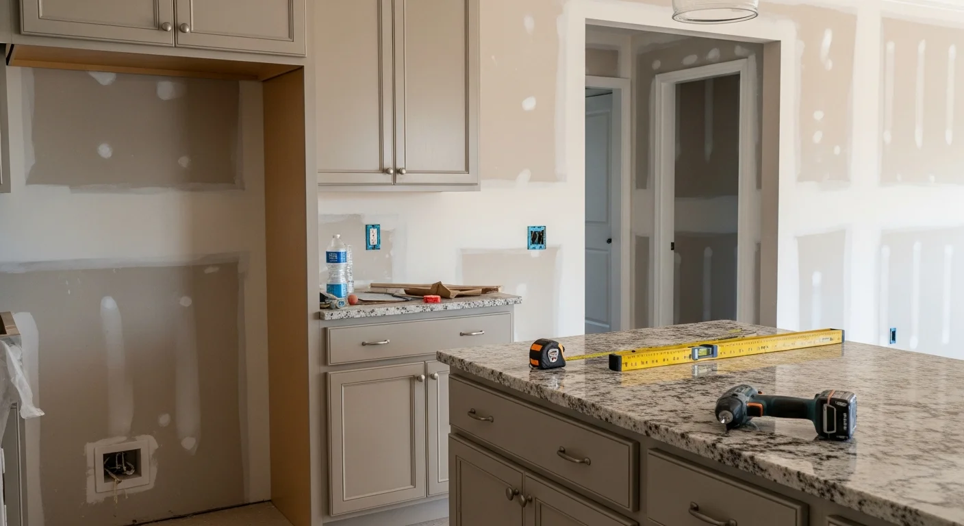 Remodeled open-concept kitchen and living area inside an Apollo Beach home, featuring updated cabinetry, modern finishes, and natural light from large windows. FrameOne Construction completed the full interior renovation for this South Shore coastal property.
