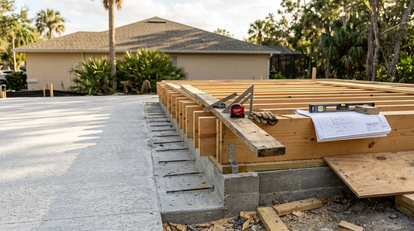A newly completed home addition in Apollo Beach, Florida, showing a framed and finished room extension that matches the roofline and exterior of the existing single-family home. The addition includes finished siding and windows consistent with the original structure, set against a clear South Shore sky.