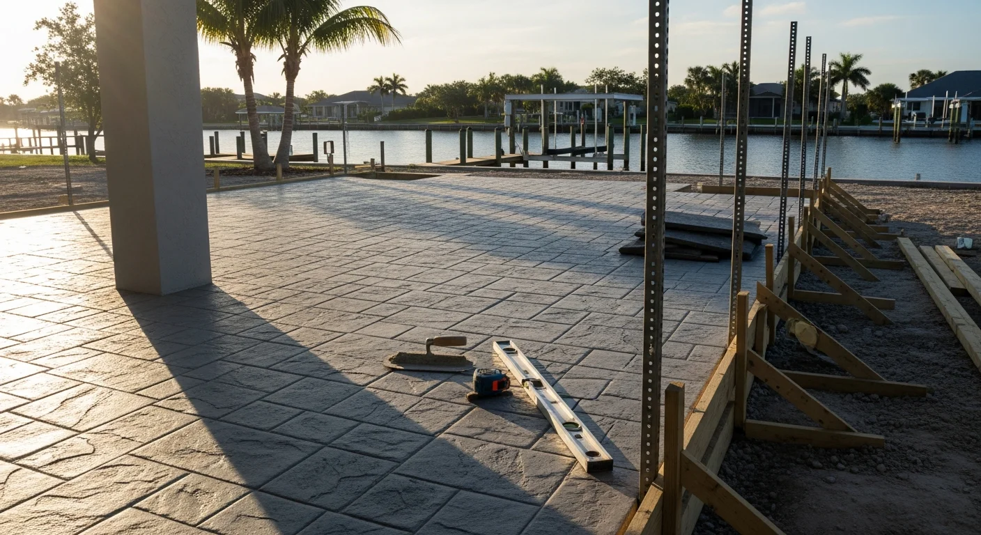 A finished custom outdoor living space on an Apollo Beach residential property, featuring a covered patio structure and open-air seating area adjacent to a canal-facing backyard. The design shows a connected layout between the home's rear entry and the outdoor entertaining area under a clear Florida sky.