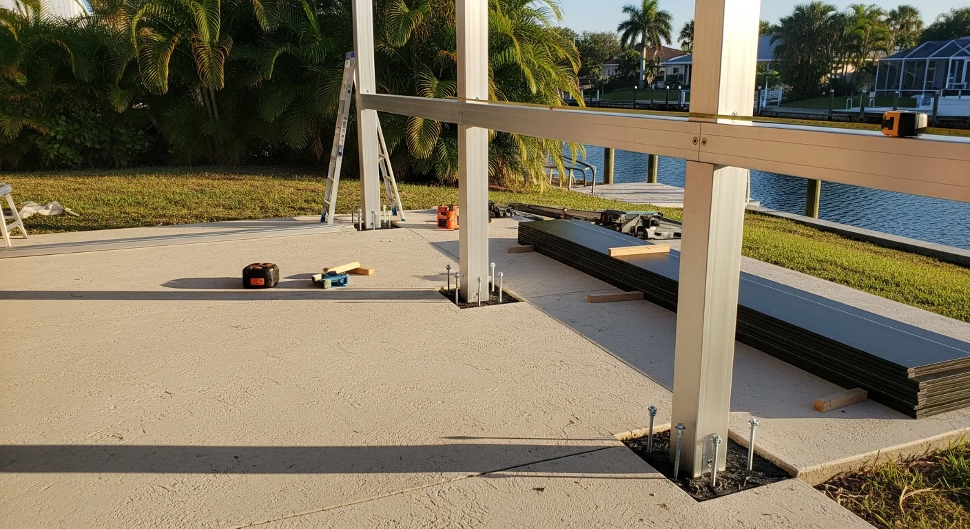 A newly installed solid-roof patio cover on a single-family home in Apollo Beach, Florida, with a clean aluminum frame attached to the rear of the house. The covered patio overlooks a backyard with a canal view and shows a shaded concrete surface ready for outdoor furniture.