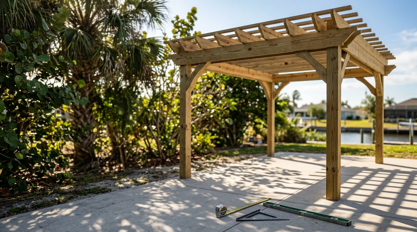 A custom pergola built by FrameOne Construction over a backyard patio in Apollo Beach, Florida. The open-beam structure provides shade over an outdoor seating area with a residential home visible in the background.