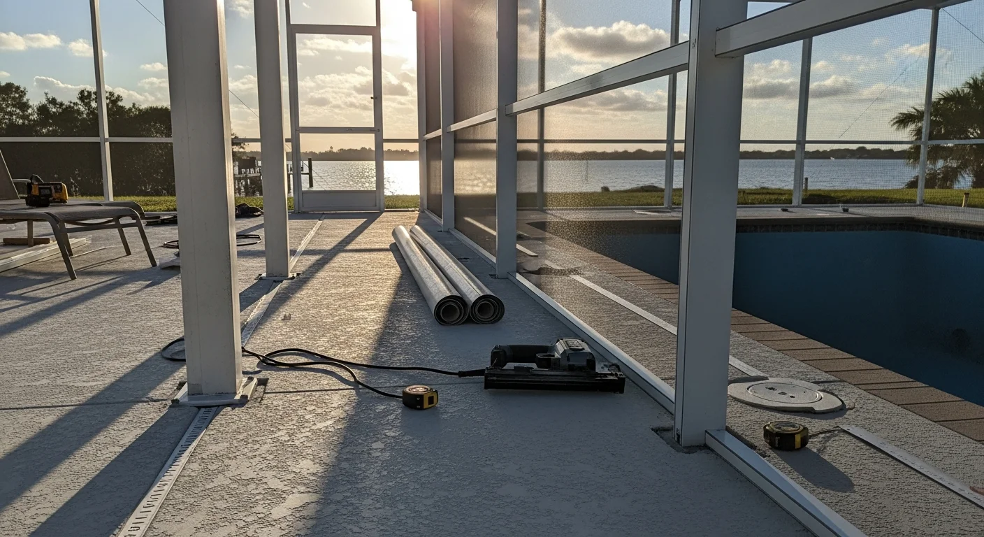 A newly installed aluminum pool cage enclosing a residential swimming pool in Apollo Beach, Florida, with screen panels allowing natural light and a view of the surrounding yard. The structure sits on a concrete pool deck typical of Hillsborough County homes near Tampa Bay.
