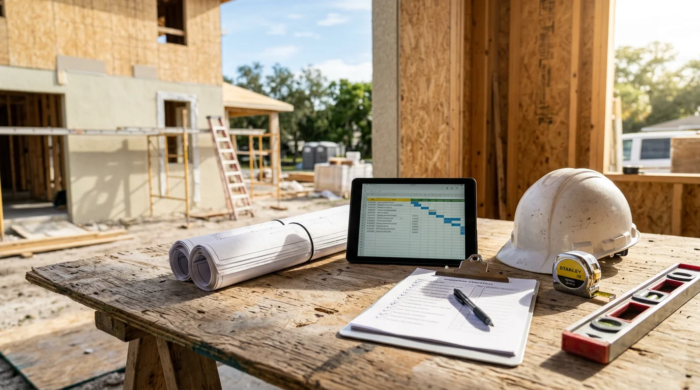 A general contractor reviewing project plans with a homeowner at a residential construction site in Apollo Beach, Florida. The image shows active coordination between the contractor and client on a coastal community home project.