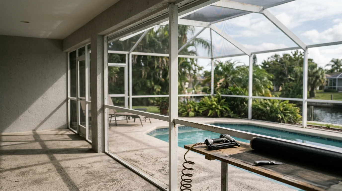 A freshly rescreened pool cage enclosure at an Apollo Beach home, showing taut, evenly tensioned screen panels surrounding a residential pool and patio. The new mesh is clean and uniform with no sagging or torn sections visible.