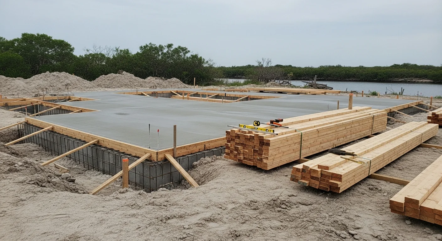 A newly framed residential home under construction on a waterfront lot in Apollo Beach, Florida, with concrete block foundation walls and wood framing visible against a clear sky. The Tampa Bay shoreline is visible in the background, showing the coastal setting of the FrameOne Construction build site.