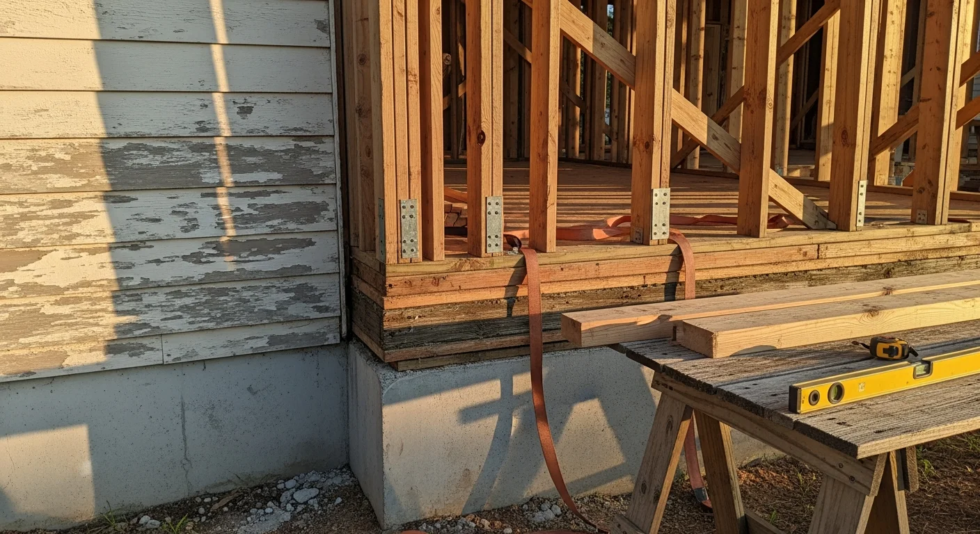 A licensed general contractor inspecting structural framing inside an older Apollo Beach canal-front home during a retrofit project. Exposed wall framing and coastal construction details are visible in the background.