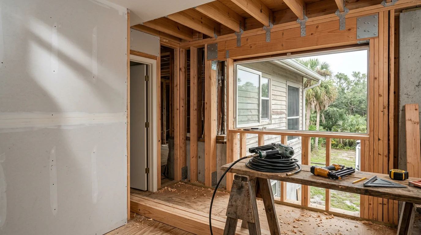 A FrameOne Construction crew member inspecting and reinforcing existing wall framing inside a residential home in Apollo Beach, Florida. Exposed structural members show retrofit connection hardware being installed to meet current wind-load requirements.