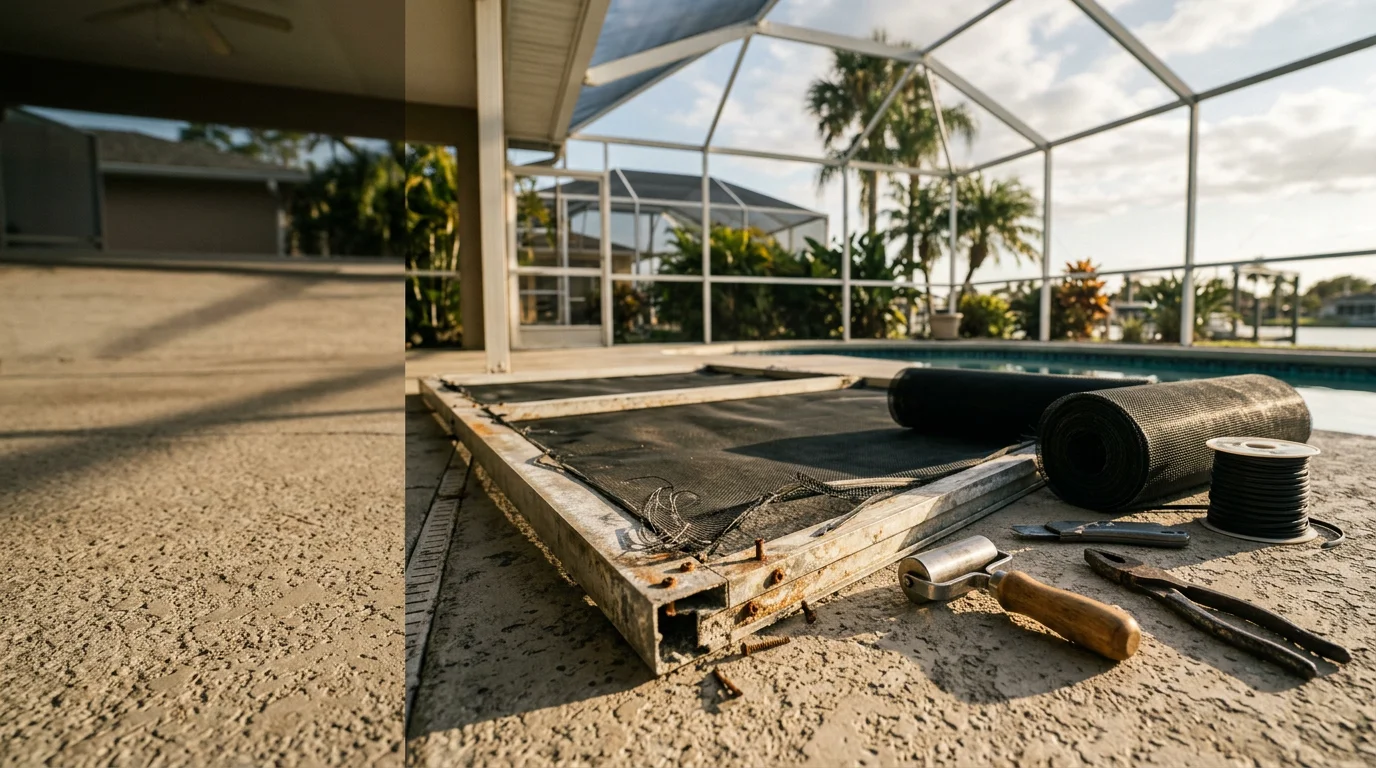 A well-maintained aluminum screen enclosure surrounding a backyard pool in Apollo Beach, Florida, with clean screen panels and intact frame joints visible under clear sunlight. A contractor inspects the corner frame connection and fastener hardware along the enclosure perimeter.