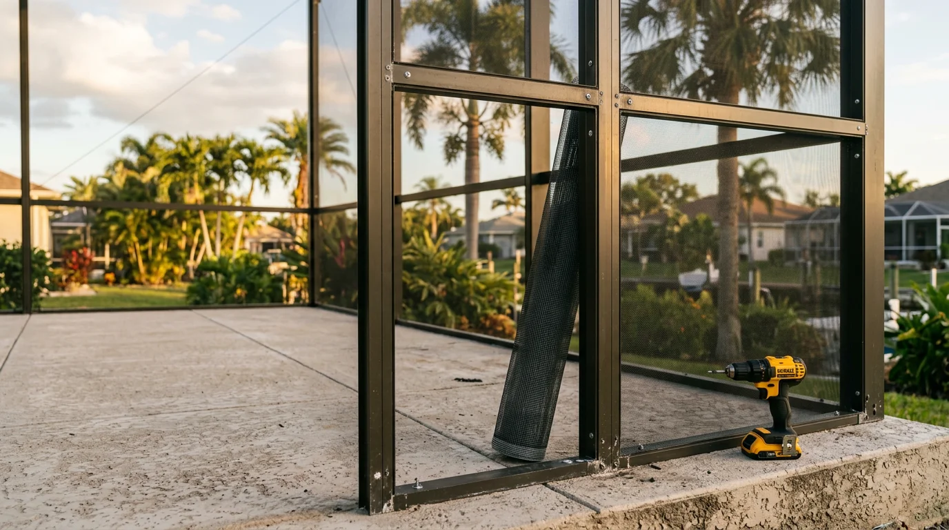 A finished aluminum screen enclosure surrounding a residential backyard patio in Apollo Beach, Florida. The structure features fine mesh screening on all sides with a clear view of the outdoor seating area inside.