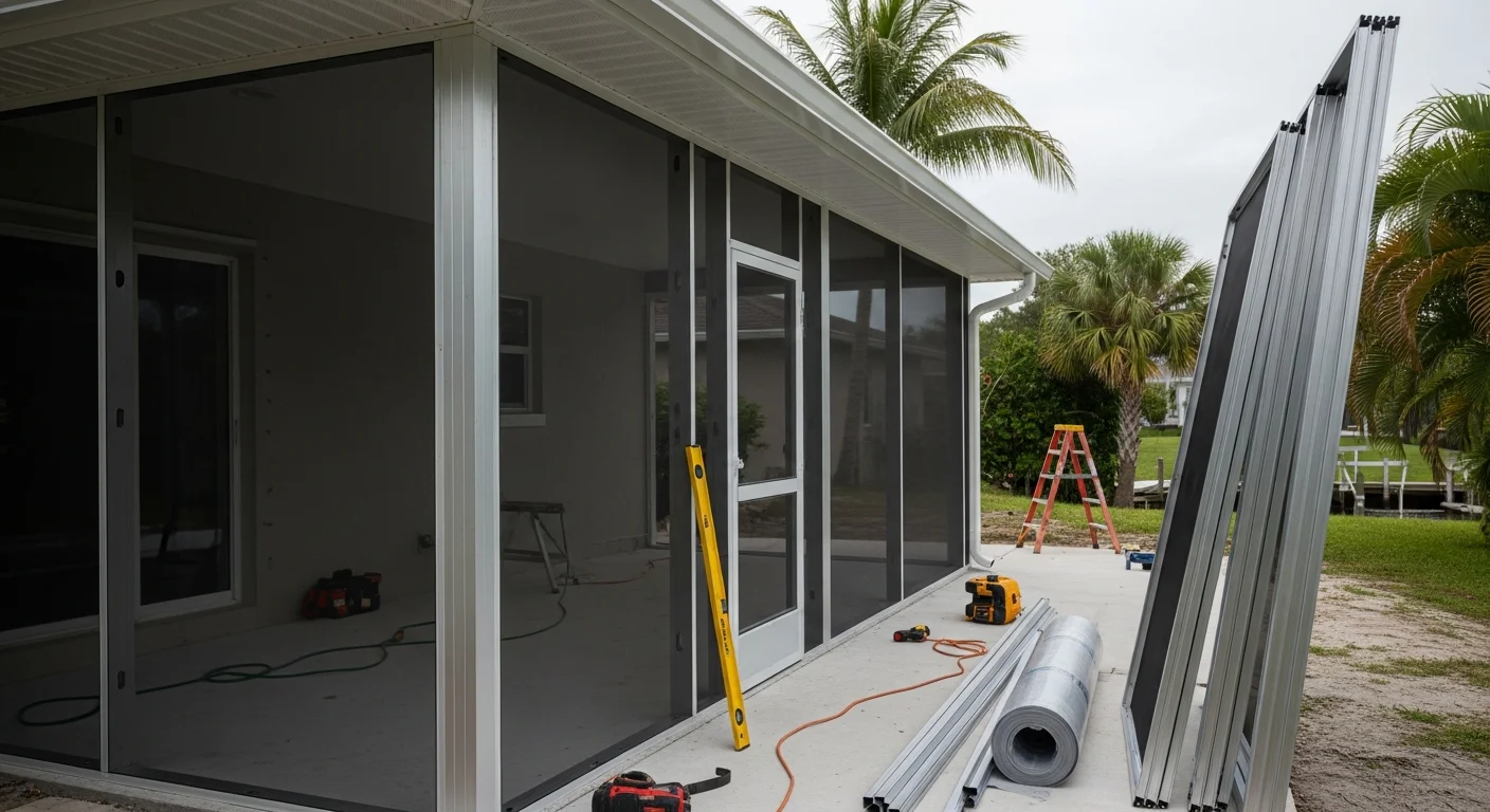 A finished screen room attached to the back of an Apollo Beach home, featuring a framed aluminum structure with mesh screen panels and a screened entry door. The enclosed patio overlooks a residential backyard with Florida landscaping visible through the screen.