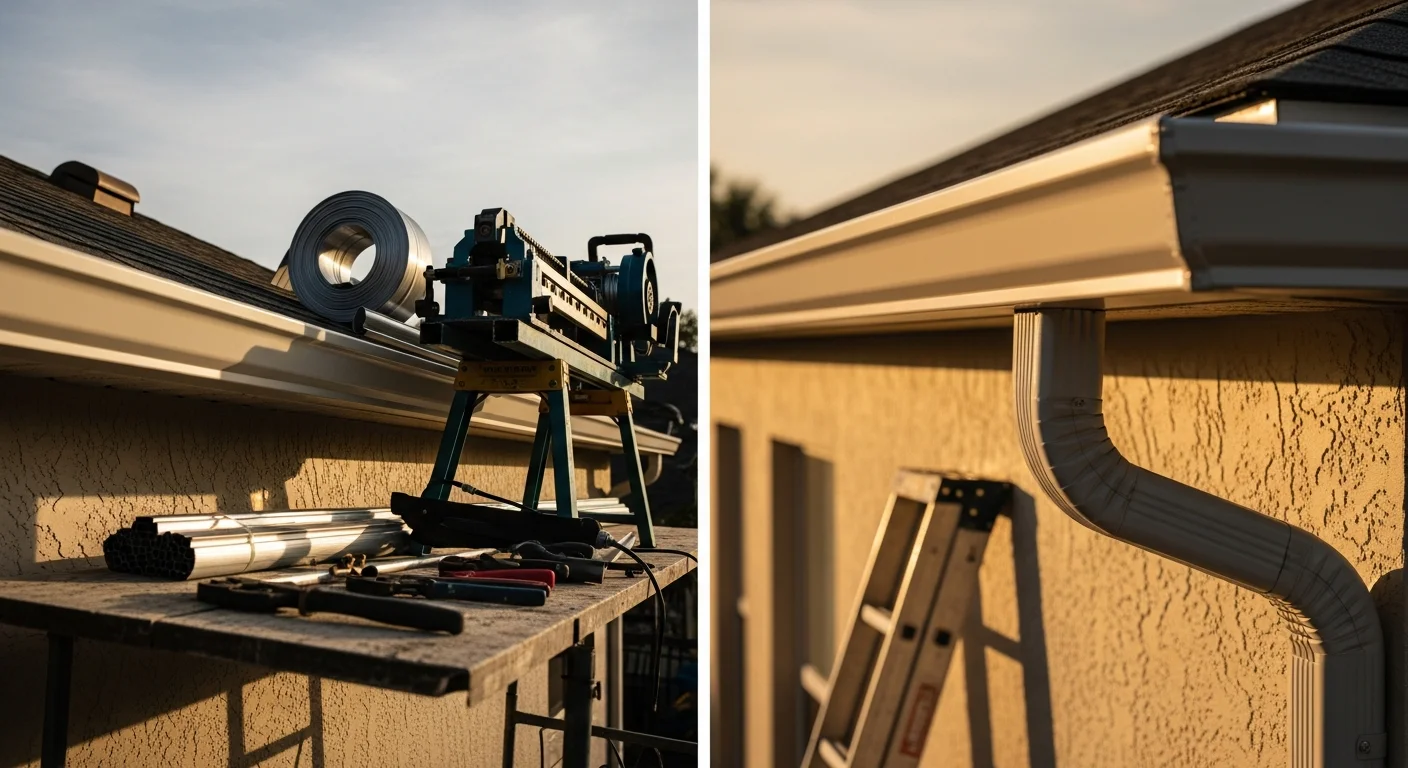 Newly installed seamless gutters running along the roofline of a single-story residential home in Apollo Beach, Florida. Downspouts direct water away from the foundation toward the yard.