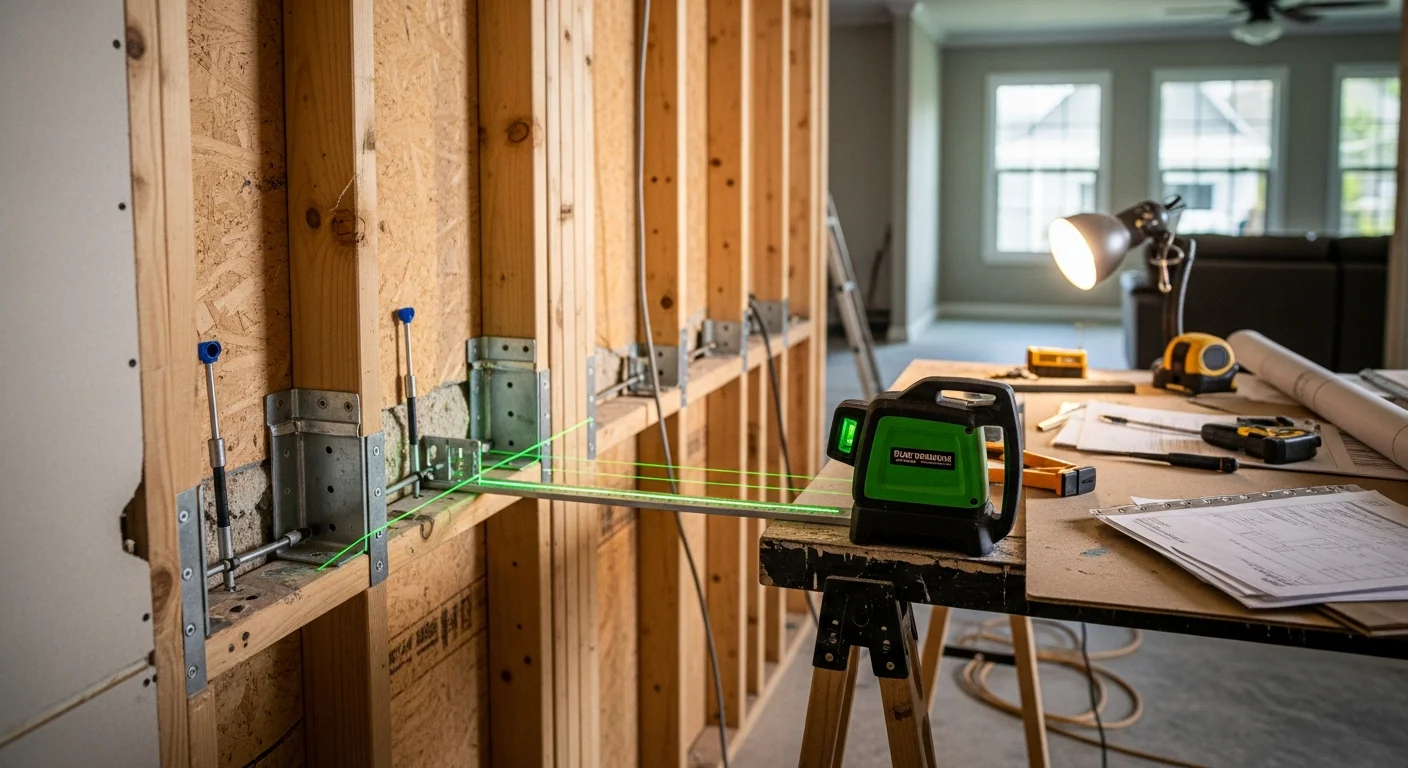 A FrameOne Construction crew member inspecting a cracked interior wall and damaged floor framing inside an Apollo Beach, FL home. Exposed structural members show signs of moisture damage consistent with the area's high water table and coastal conditions.
