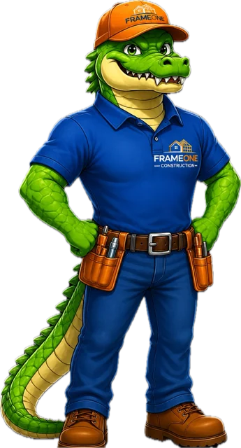 FrameOne Construction mascot - friendly alligator contractor